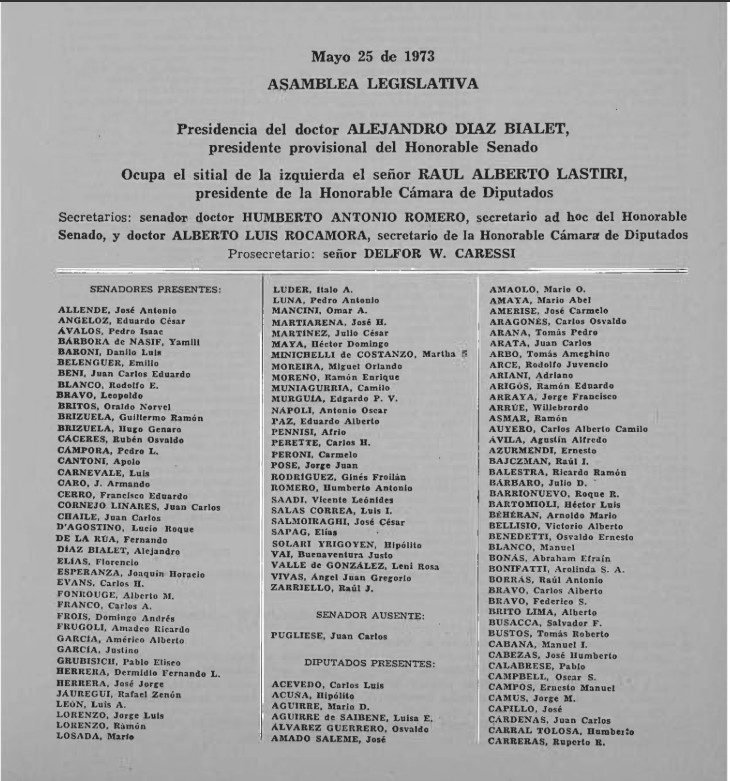 Mensaje de Asunción del Presidente Cámpora ante el Congreso Nacional