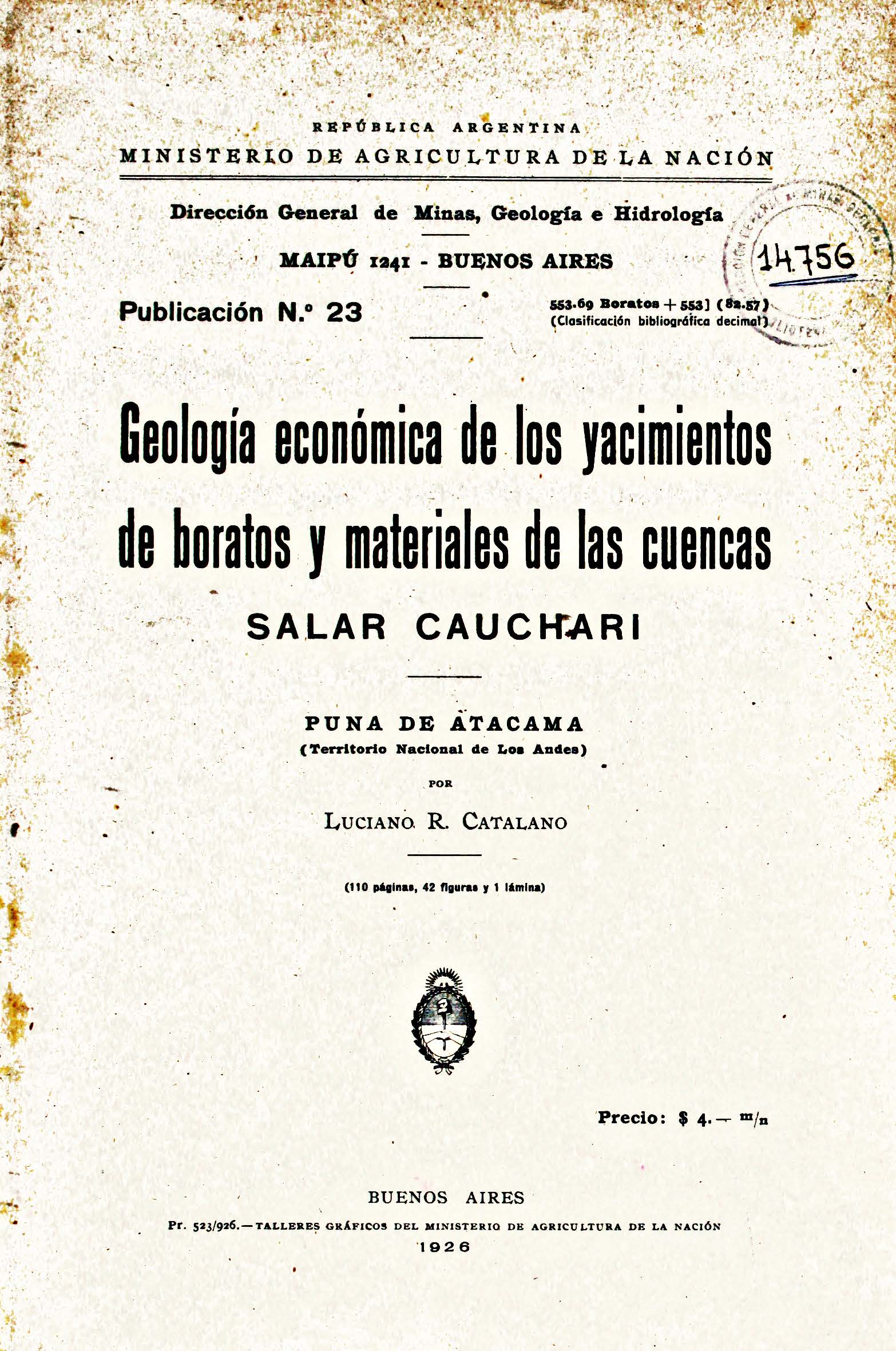 Geología económica de los yacimientos de boratos y materiales de las cuencas Salar Cauchari. Puna de Atacama (Territorio Nacional de Los Andes)
