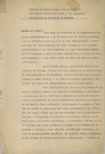 Informe correspondiente a los yacimientos cupríferos “Mantos de cobre” y “La Salamanca” ubicados en la provincia de Mendoza