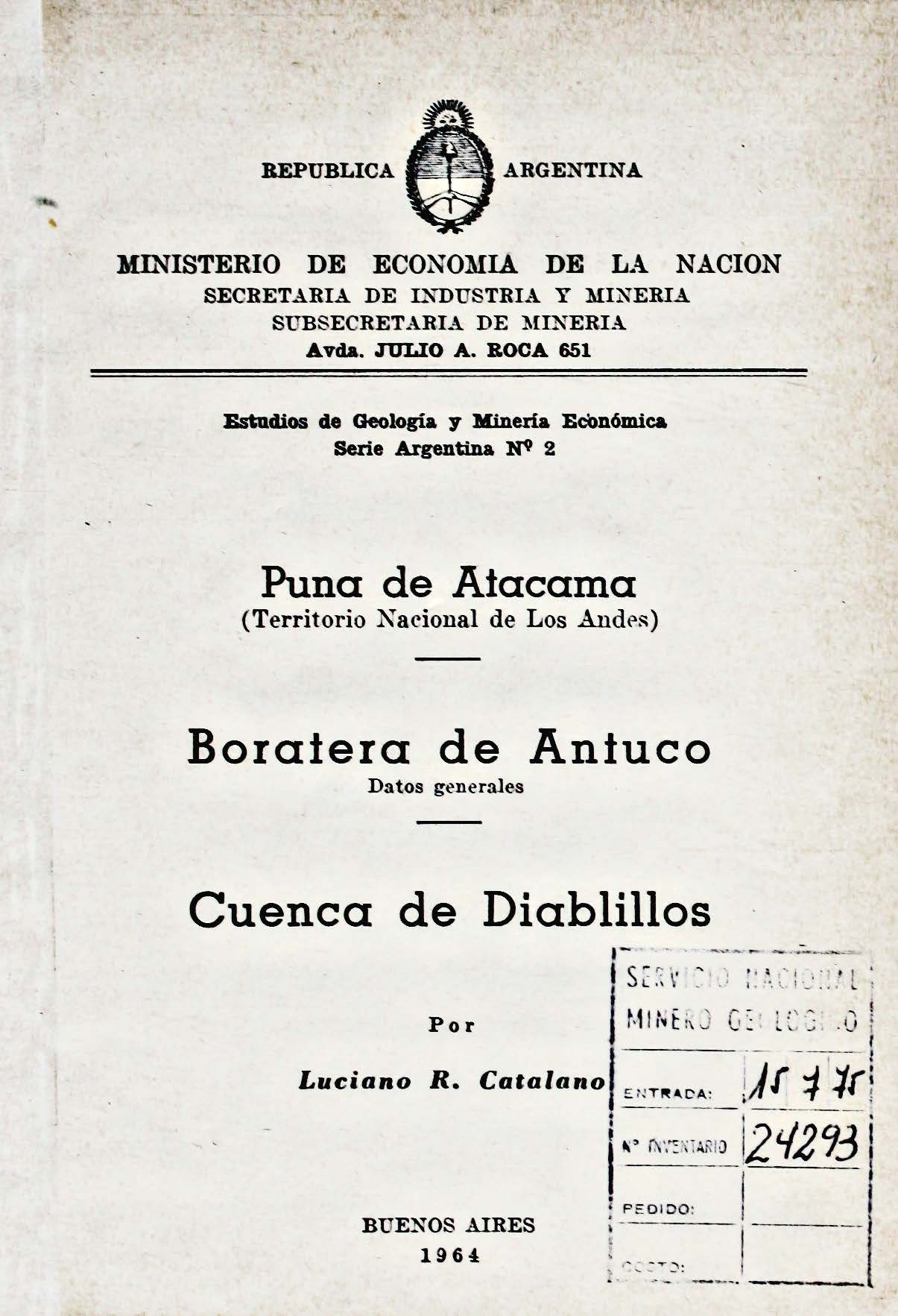 Puna de Atacama (Territorio Nacional de Los Andes) desde San Antonio de los Cobres a la boratera de Antuco, datos generales