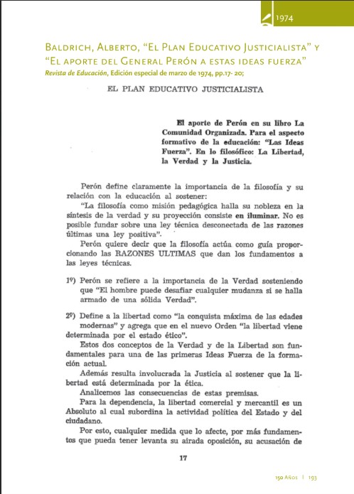 ‘El Plan Educativo Justicialista’ y ‘El aporte del General Perón a estas ideas fuerza’