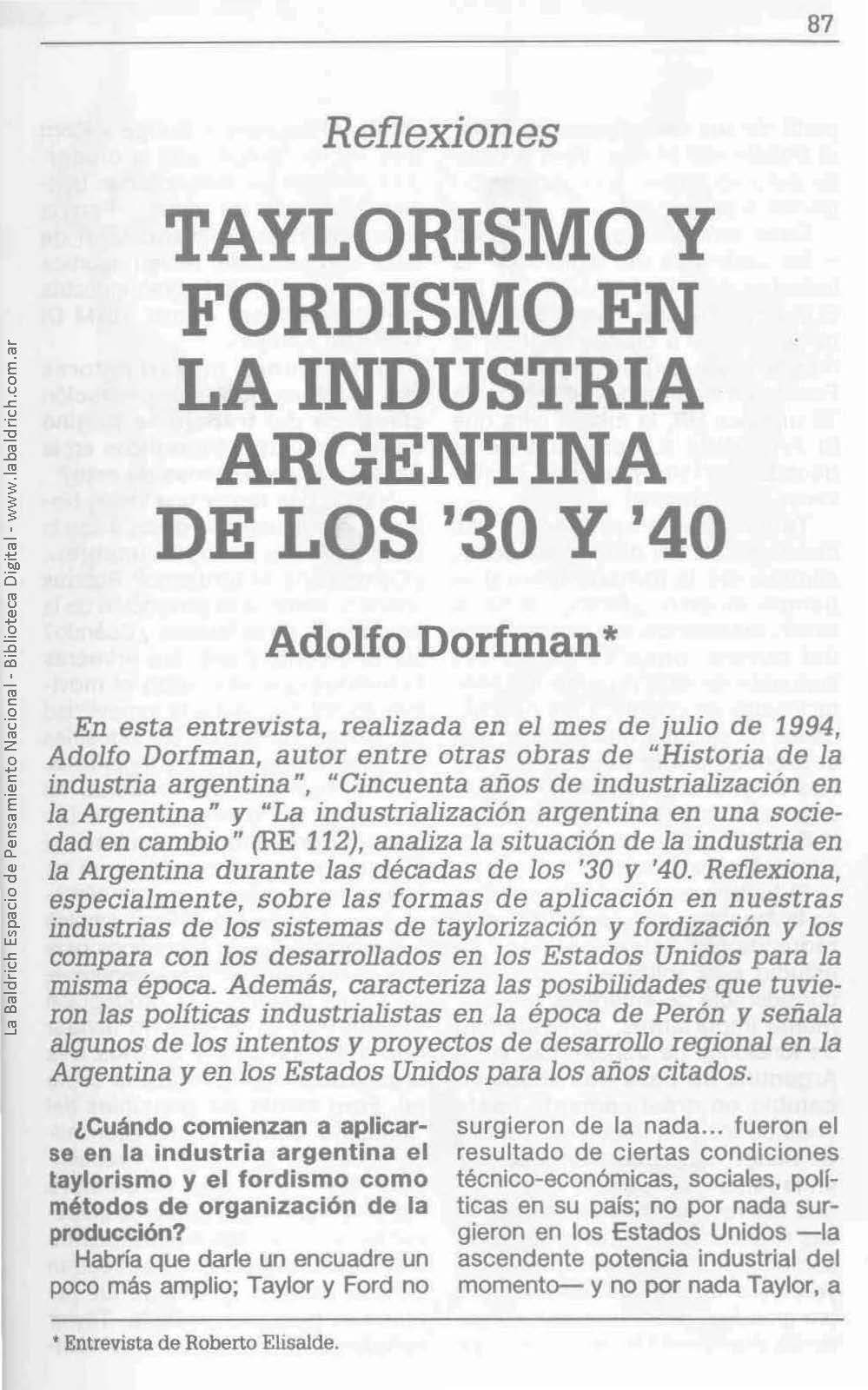 Taylorismo y Fordismo en la Industria Argentina de los ’30 y ’40. Entrevista