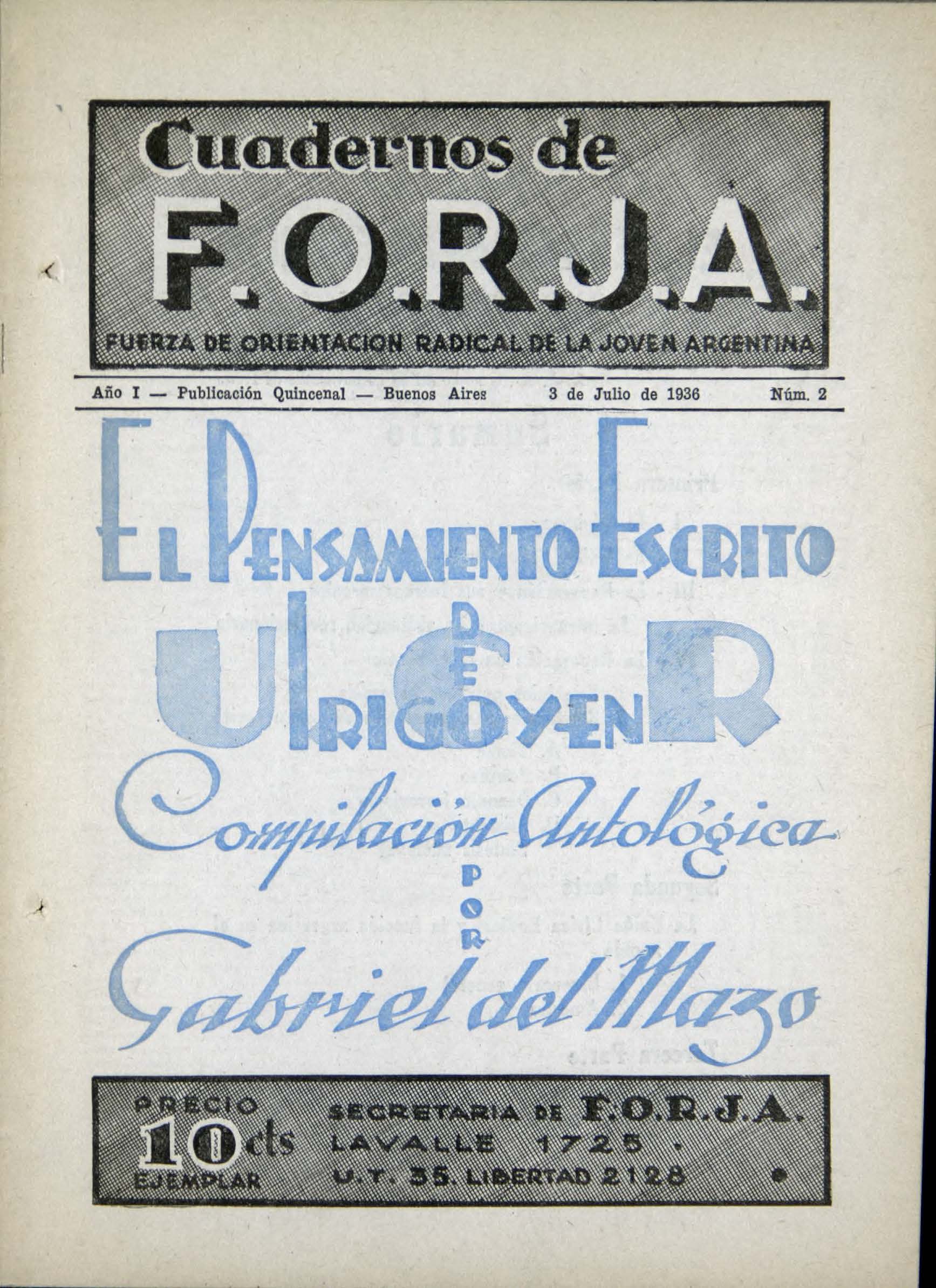 Cuaderno de FORJA N°2. El pensamiento escrito de Yrigoyen. Compilación Antológica