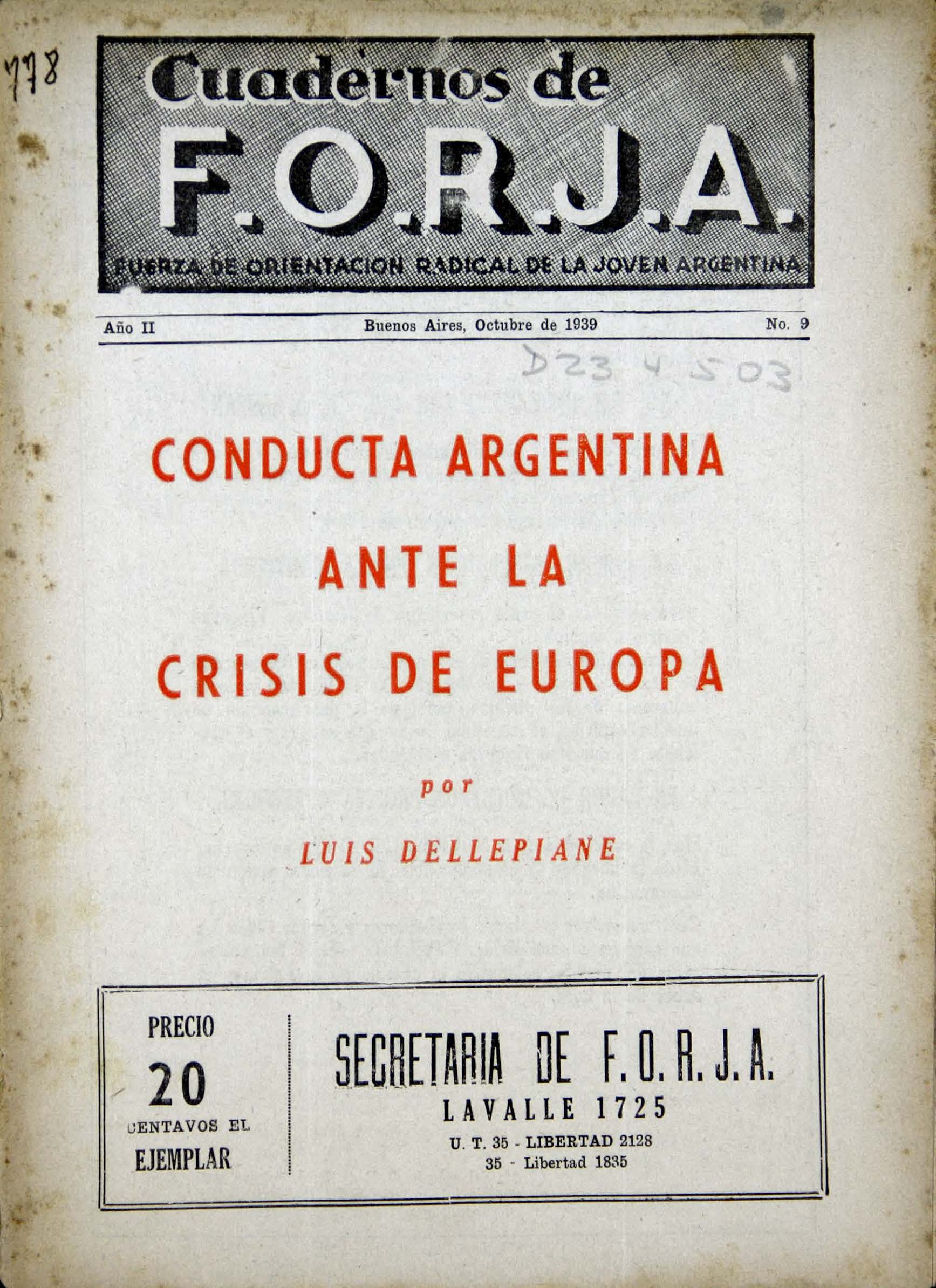 Cuaderno de FORJA N°9. Conducta argentina ante la crisis de Europa