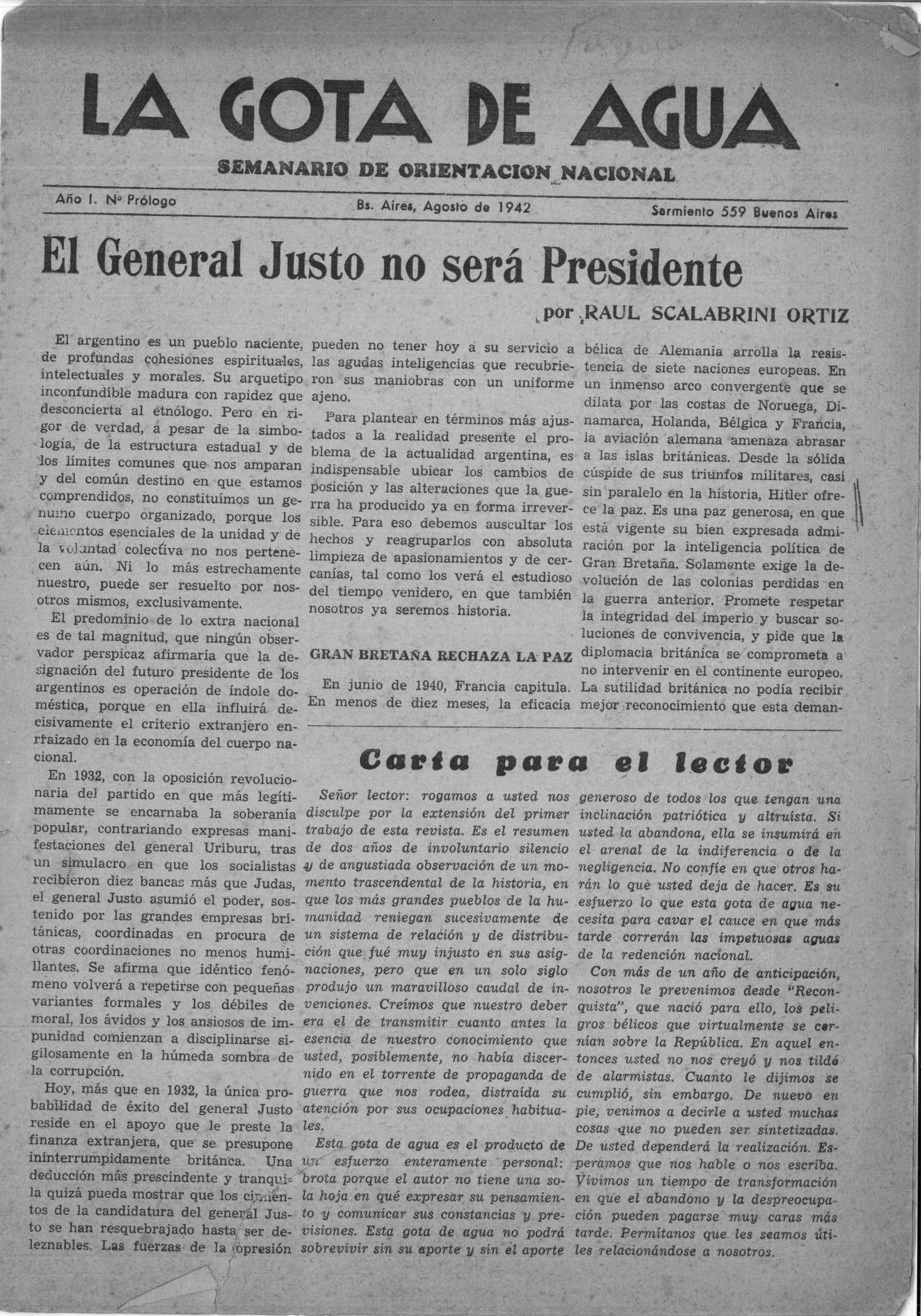 La Gota de Agua – Seminario de Orientación Nacional. Año I. N° Prólogo