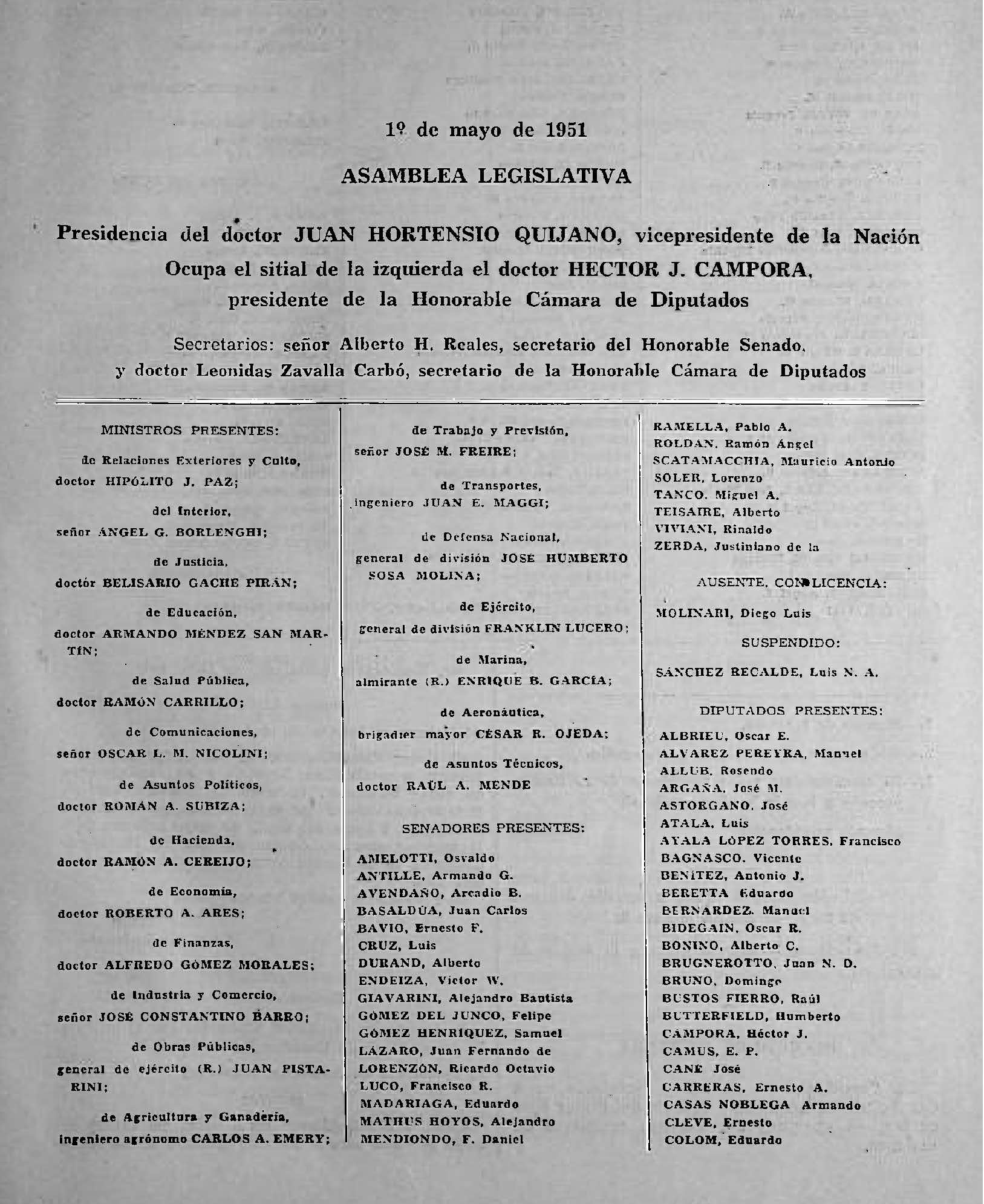 Discurso de Apertura de Sesiones Ordinarias del Congreso Nacional – 1951