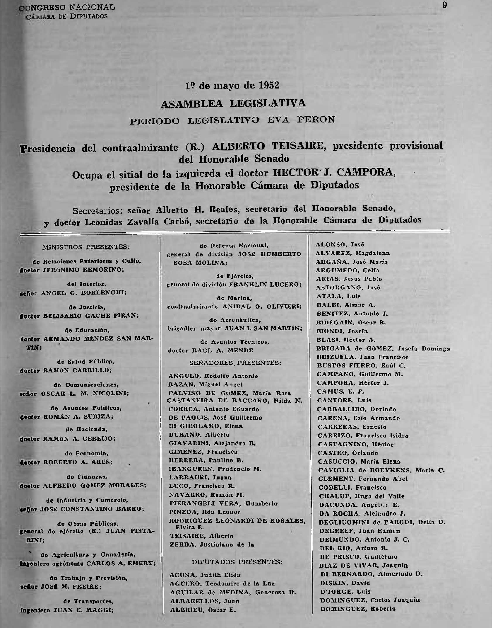 Discurso de Apertura de Sesiones Ordinarias del Congreso Nacional – 1952