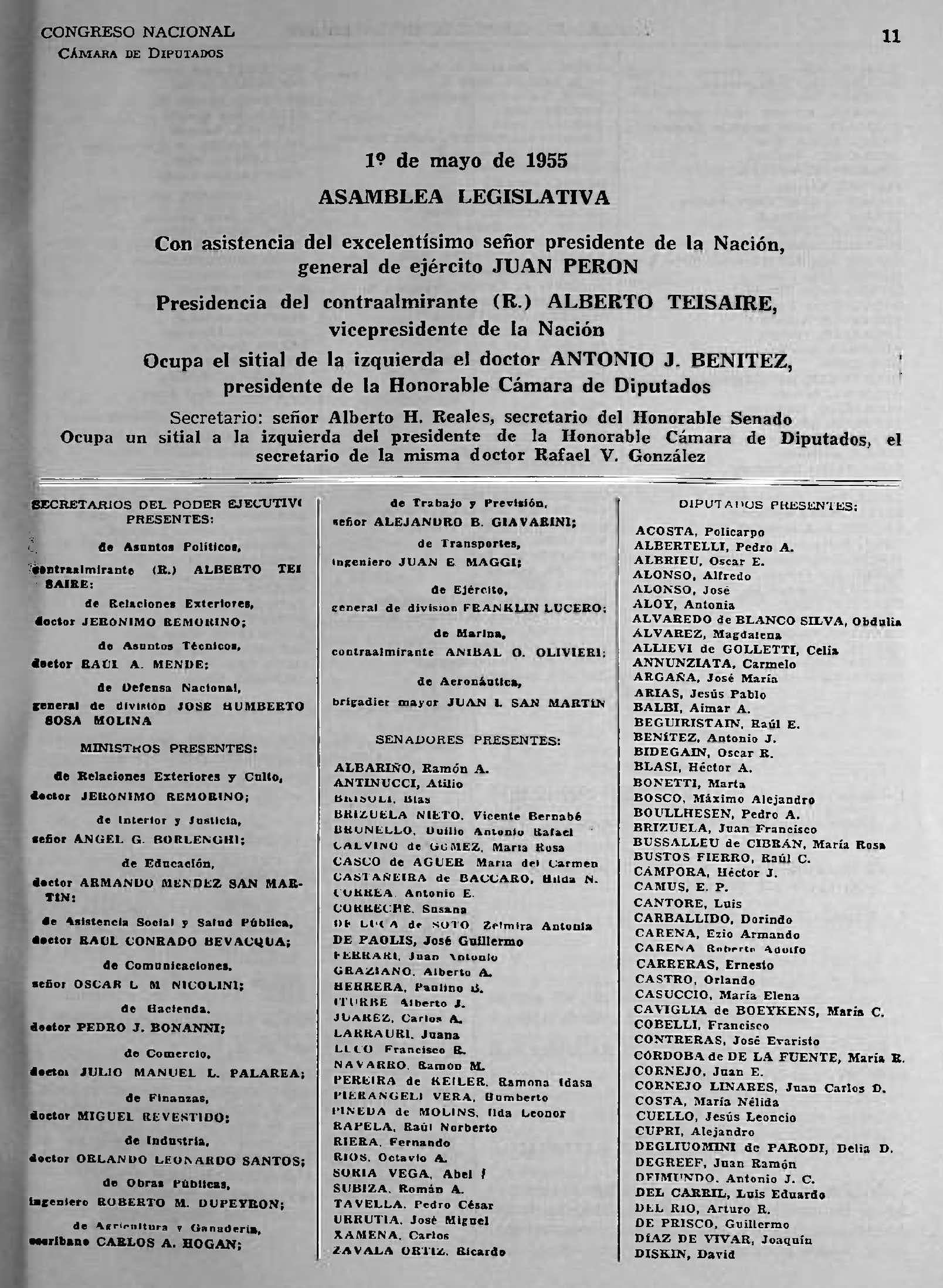 Discurso de Apertura de Sesiones Ordinarias del Congreso Nacional – 1955