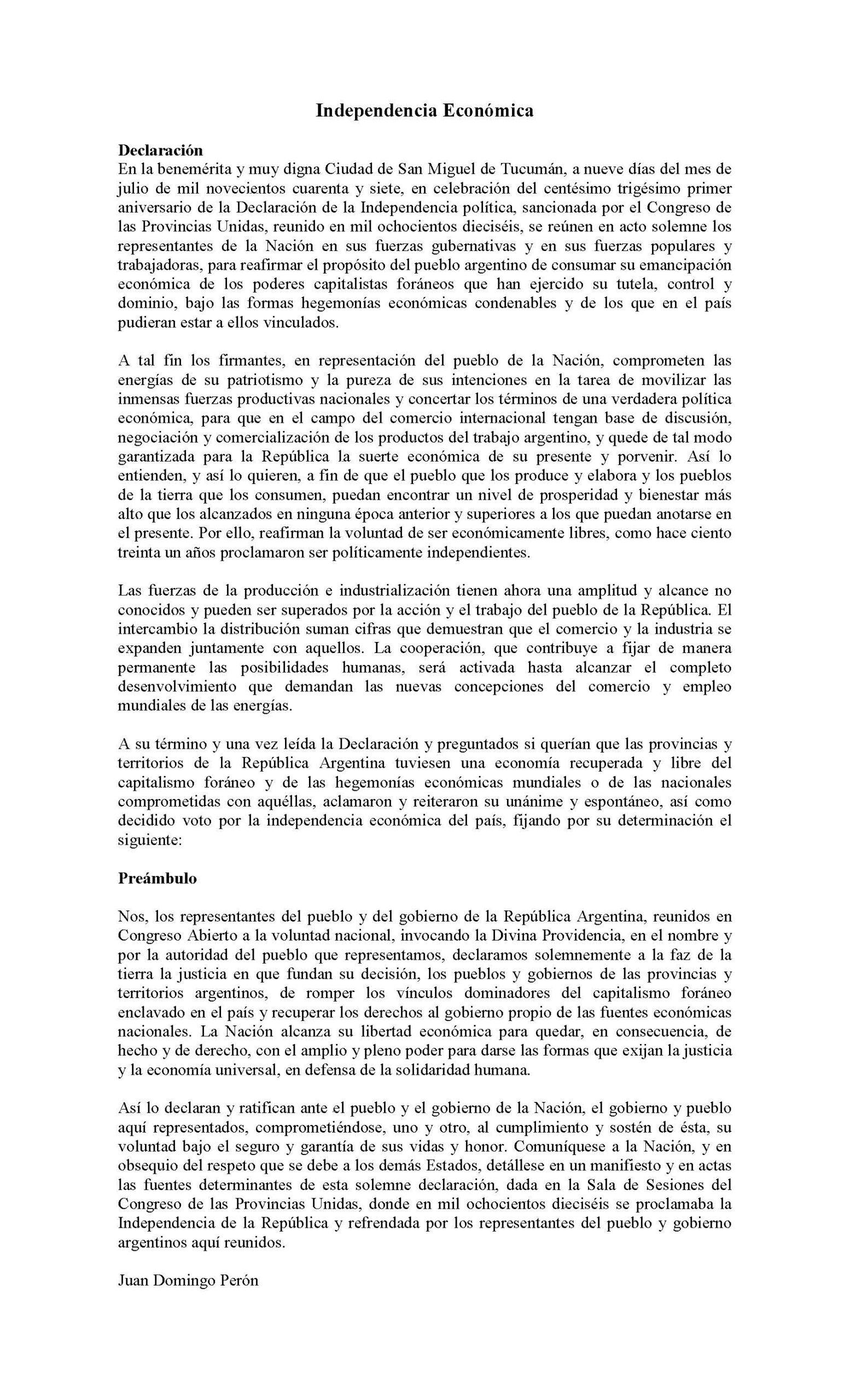 (Texto) Declaración de la Independencia Económica