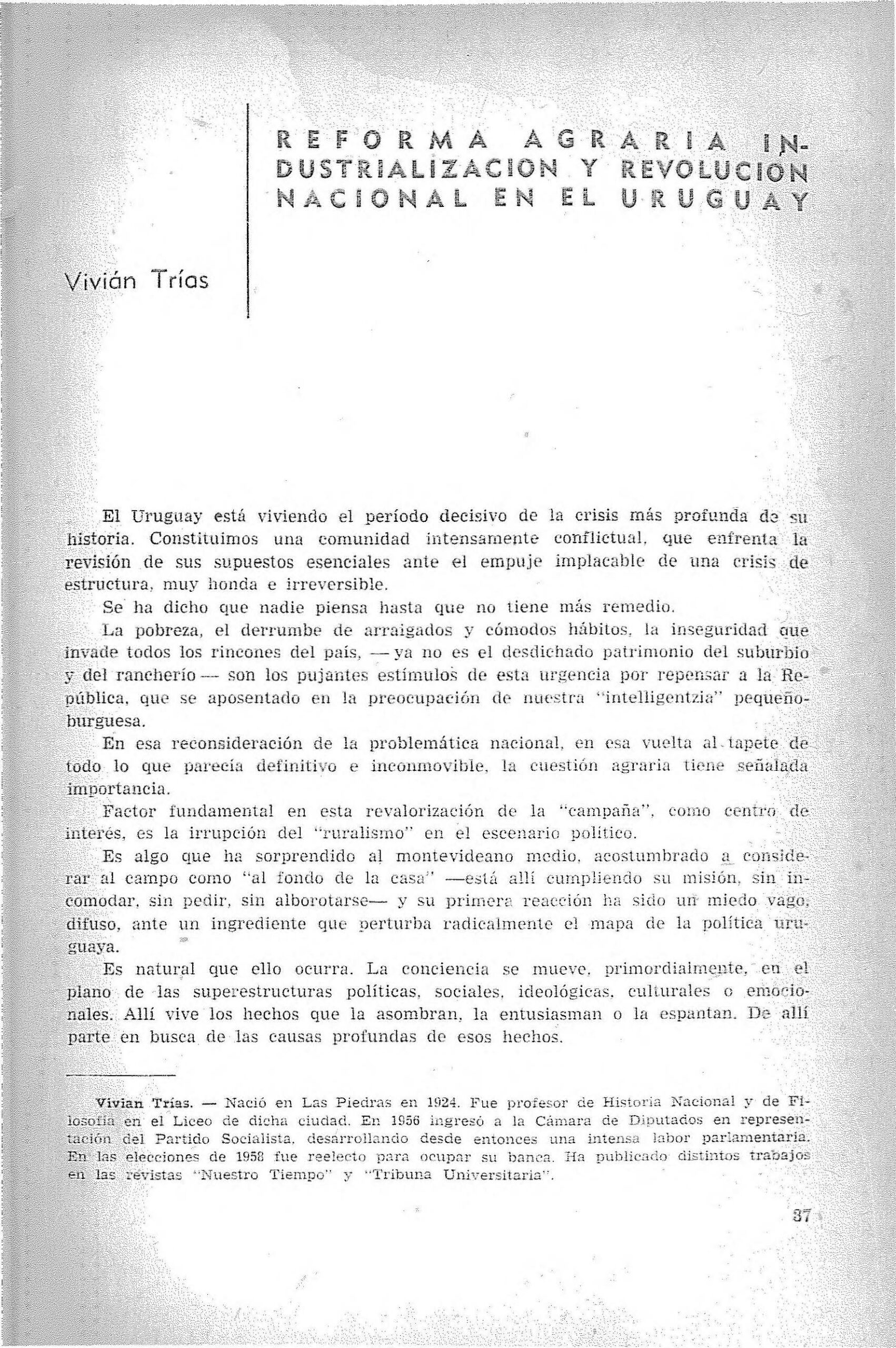 Reforma Agraria, Industrialización y Revolución Nacional en el Uruguay