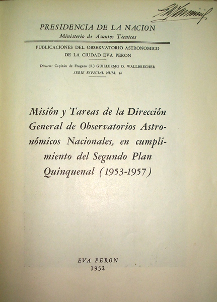 Misión y tareas de la Dirección General de Observatorios Astronómicos Nacionales, en cumplimiento del Segundo Plan Quinquenal (1953-1957)
