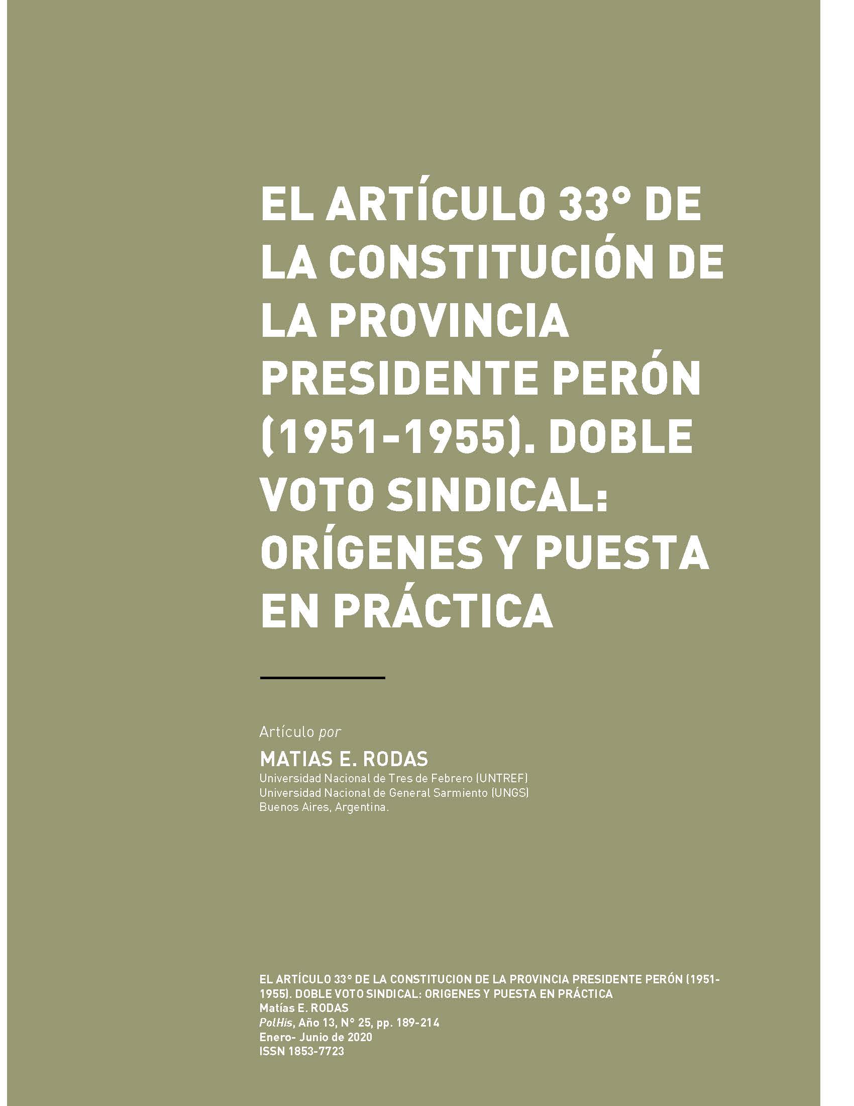 El Artículo 33° de la Constitución de la provincia Presidente Perón (1951-1955). Doble voto sindical: orígenes y puesta en práctica